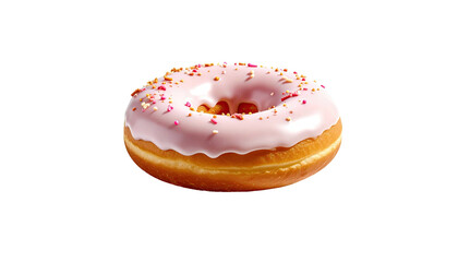 Glazed donut, pink icing, sprinkles, against a black backdrop