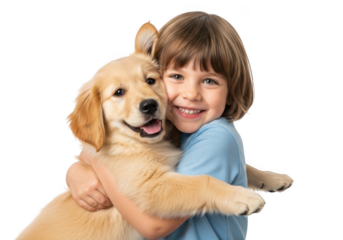 Joyful young child embracing a happy golden retriever puppy with affection and companionship isolated on transparent background