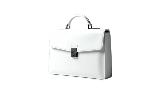 Isolated white leather briefcase with handle on black background