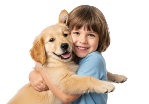 Joyful young child embracing a happy golden retriever puppy with affection and companionship isolated on transparent background