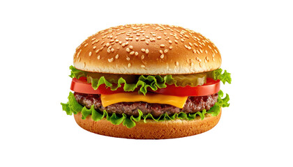 Mouthwatering burger with cheese, tomato, lettuce on sesame bun