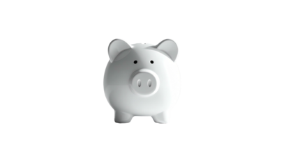 Shiny, white piggy bank with ears facing forward on black