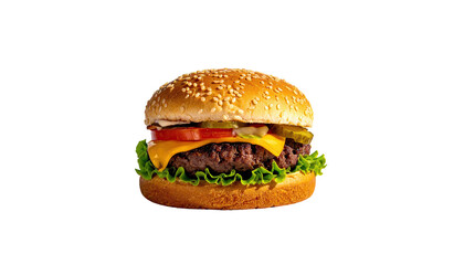 Appetizing burger with lettuce, cheese, tomato, pickle on black