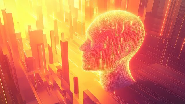 Artificial intelligence head thinking in futuristic cityscape