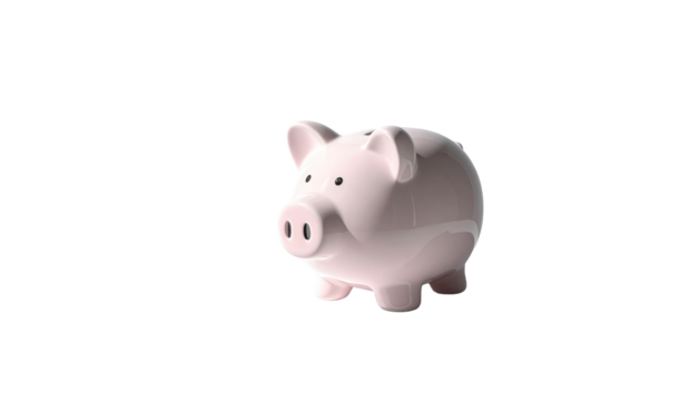 Glossy pink piggy bank, isolated, right angled view on black