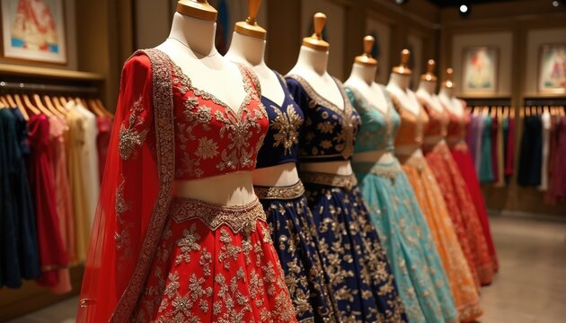 Elegant Indian bridal lehengas with detailed embroidery displayed on mannequins in a clothing store. Various colorful traditional outfits for wedding ceremonies shown in boutique.
