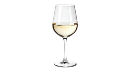 Wineglass half-filled with translucent light beverage on black