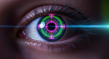 Close up of a human eye with a neon laser scanner targeting the iris in shades of glowing green and purple