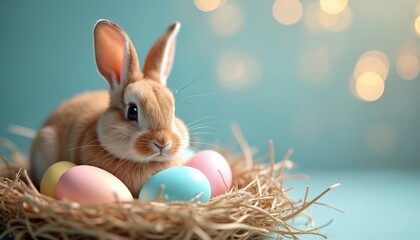 Cute bunny sitting in nest with painted easter eggs on turquoise background. Holiday photo of fluffy rabbit with colorful eggs. Festive easter composition. Family holiday background. Spring