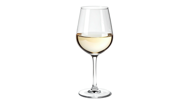Wineglass half-filled with translucent light beverage on black