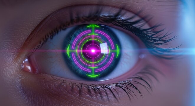Futuristic human eye featuring advanced technology interface and pink laser scan depicting concepts like bionic vision and augmented reality