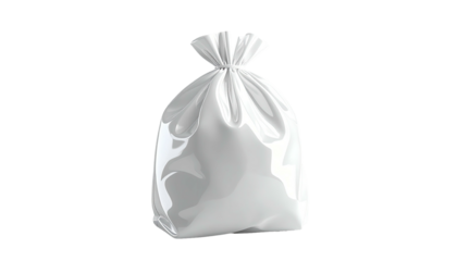 Knotted, shiny, white plastic bag floats on a black background