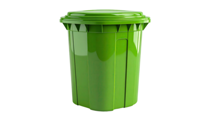 Green plastic trash bin with lid on, against black background