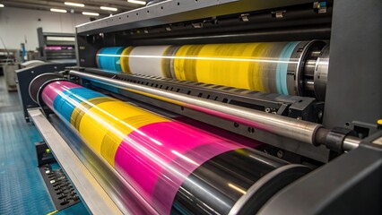 a close up view of a large industrial printing press showcasing colorful cyan magenta yellow and key ink rollers in operation