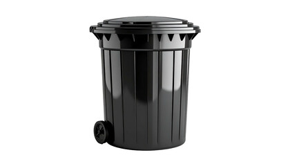 Shiny black garbage can, wheel visible, against dark background