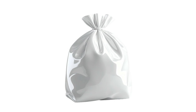 Knotted, shiny, white plastic bag floats on a black background