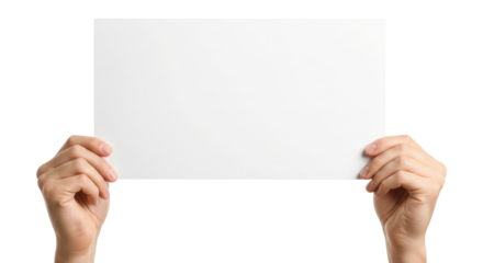 Concept of Communication: Hands Holding Up a White Card, Cut Out, Clipping Path, Isolated on a Transparent PNG Background.