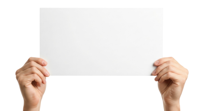 Concept of Communication: Hands Holding Up a White Card, Cut Out, Clipping Path, Isolated on a Transparent PNG Background.