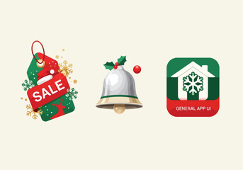 Three Christmas-themed icons: a sale tag, a bell with holly, and an app icon with a snowflake inside a house.