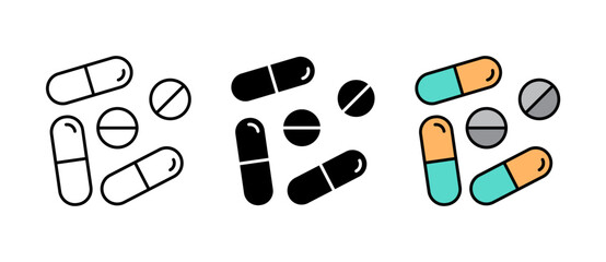 Pills Icon showing a simple medication and pharmacy symbol for medical and healthcare use, with stroke, filled and colored icon vector illustration perfect for apps and UI/UX.