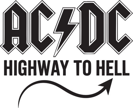 The iconic ACDC Highway to Hell album logo featuring devil horns and a devil tail with an arrow.