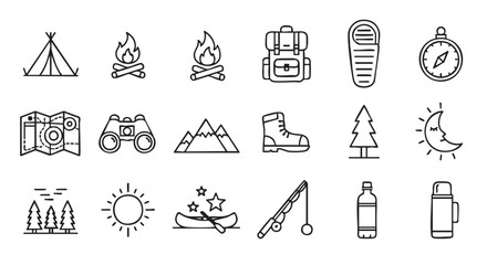 Fototapeta premium Camping adventure icons in minimalist black and white style set