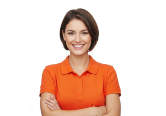 Smiling young woman with short brown hair wearing an orange polo shirt with arms crossed isolated on transparent background