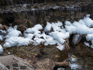 The river is frozen into grotesque chunks of ice