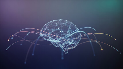 Abstract glowing digital spider made of interconnected lines and dots on a dark gradient background