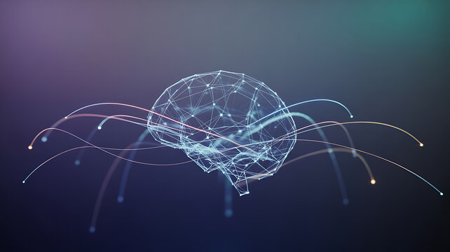 Abstract glowing digital spider made of interconnected lines and dots on a dark gradient background