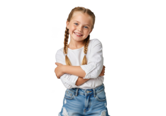 A cheerful young girl with braided blonde hair and a bright smile stands with her arms crossed isolated on transparent background