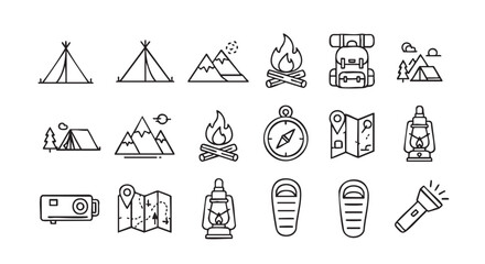 Camping icons representing outdoor adventures and recreational activities for leisure