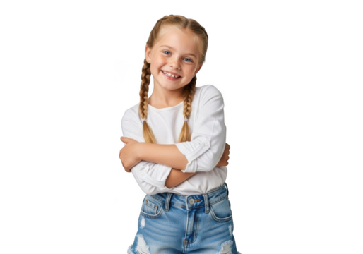 A cheerful young girl with braided blonde hair and a bright smile stands with her arms crossed isolated on transparent background - Powered by Adobe