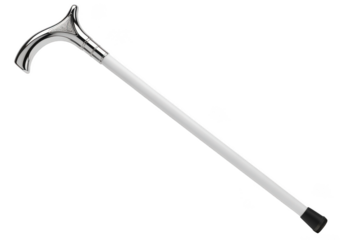 Elegant silver walking cane with classic curved handle and rubber tip isolated on transparent background