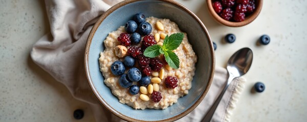 Bowl of hot oatmeal topped with fresh blueberries, raspberries and nuts. A healthy and nutritious breakfast food. Prepared with care for a delicious meal.