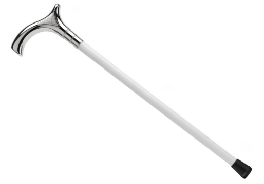 Elegant silver walking cane with classic curved handle and rubber tip isolated on transparent background