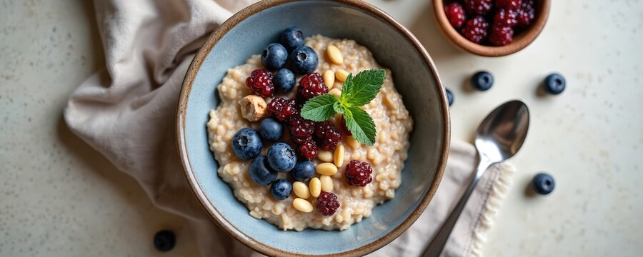 Bowl of hot oatmeal topped with fresh blueberries, raspberries and nuts. A healthy and nutritious breakfast food. Prepared with care for a delicious meal. - Powered by Adobe