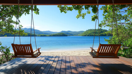 Romantic beachfront retreat with wooden swings overlooking calm blue sea and lush green islands
