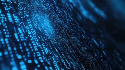 Digital data flowing on a blue glowing binary code surface