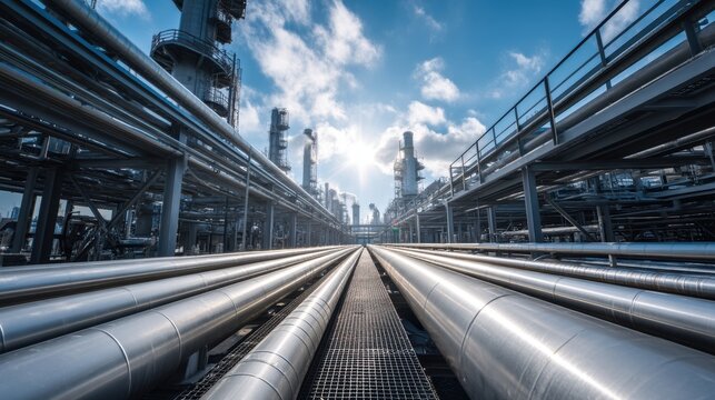 Industrial plant showcases complex network of pipes and structures under a bright blue sky with scattered clouds