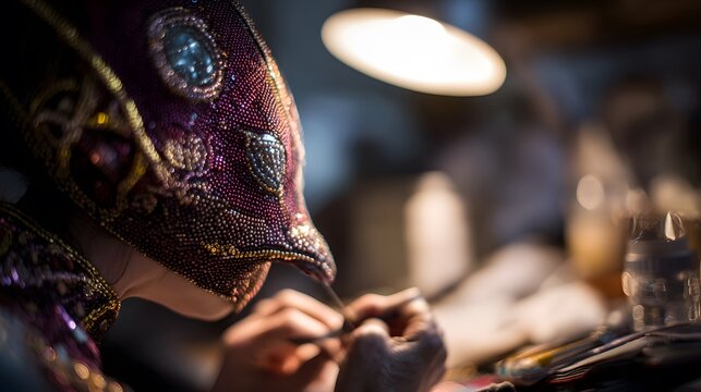 Person working on a beaded mask under a lamp with tools and materials on a cluttered table nearby