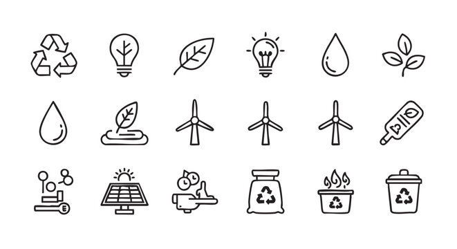 Collection of environmental and sustainability icons representing ecological awareness and clean energy