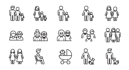 Collection of family life stage icons showing diverse relationships