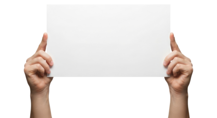 Empty Sign or Cardboard Held Up by Two Hands for Message Display, Cut Out, Clipping Path, Isolated on a Transparent PNG Background.