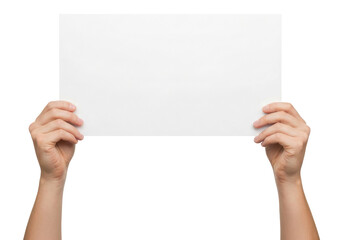 Hands Holding a Blank Horizontal White Paper, Cut Out, Clipping Path, Isolated on a Transparent PNG Background.