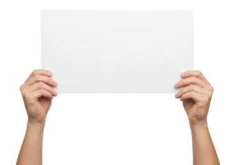 Hands Holding a Blank Horizontal White Paper, Cut Out, Clipping Path, Isolated on a Transparent PNG Background.