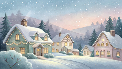 Fototapeta premium Watercolor snowy village background, pastel sky and snow-covered houses, cozy inviting Christmas scene with copy space 