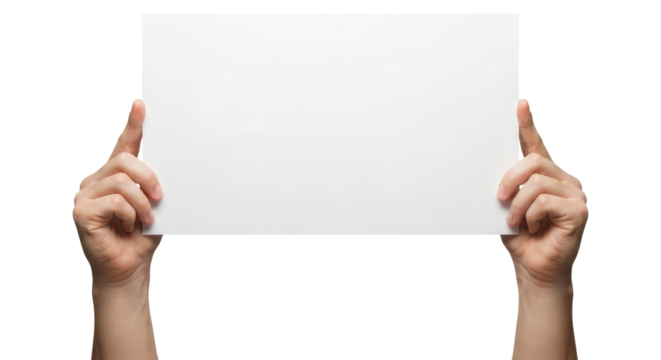 Empty Sign or Cardboard Held Up by Two Hands for Message Display, Cut Out, Clipping Path, Isolated on a Transparent PNG Background.