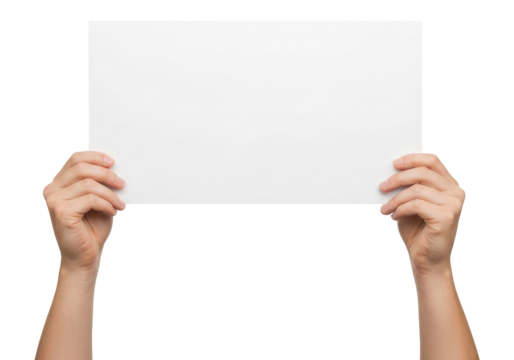 Hands Holding a Blank Horizontal White Paper, Cut Out, Clipping Path, Isolated on a Transparent PNG Background.