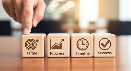 Conceptual image of business goal setting with wooden blocks representing target, progress, timeline, and success.
